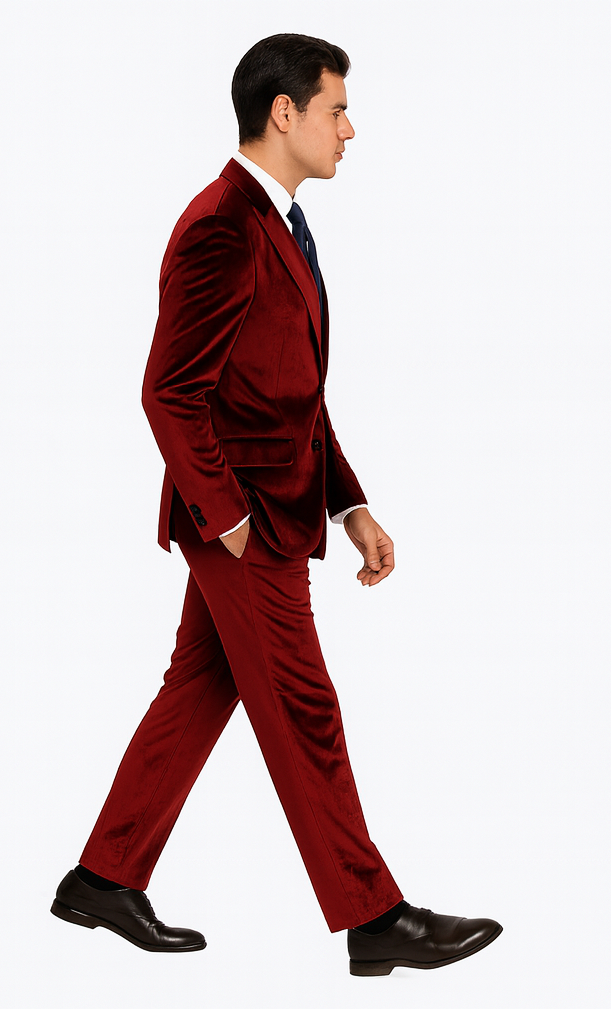 Men’s Burgundy Velvet Suit – Tazzio 2-Piece Slim Fit Peak Lapel Formalwear Set - 34 Short or Extra Small