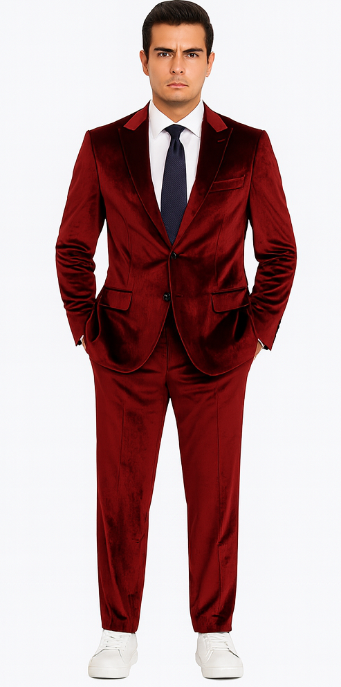 Mens Burgundy Velvet Suit | Tazzio 2-Piece Slim Fit Peak Lapel Formalwear Set