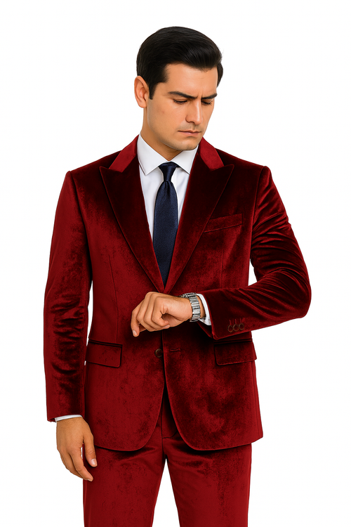 Mens Burgundy Velvet Suit | Tazzio 2-Piece Slim Fit Peak Lapel Formalwear Set