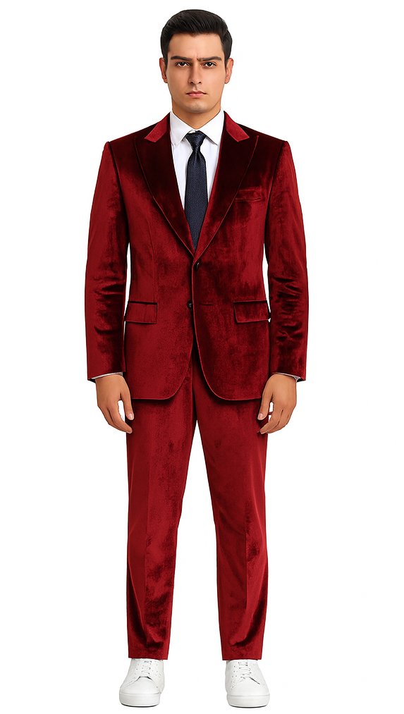 Mens Burgundy Velvet Suit | Tazzio 2-Piece Slim Fit Peak Lapel Formalwear Set