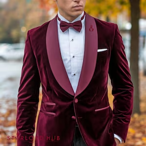 Men’s Burgundy with Burgundy Lapel Velvet Dinner Jacket – Shawl Lapel Tuxedo Blazer for Weddings & Formal Events - 36R