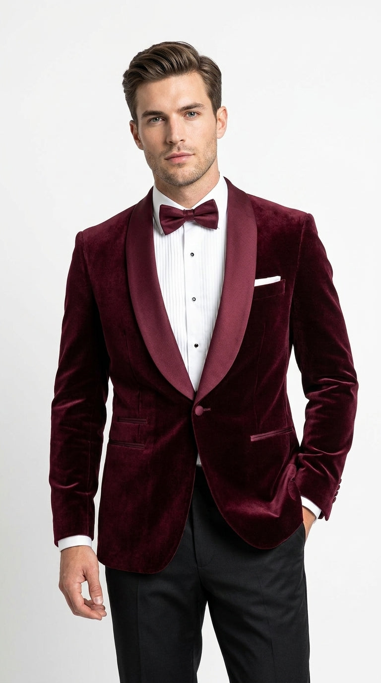 Men’s Burgundy with Burgundy Lapel Velvet Dinner Jacket – Shawl Lapel Tuxedo Blazer for Weddings & Formal Events - 36R