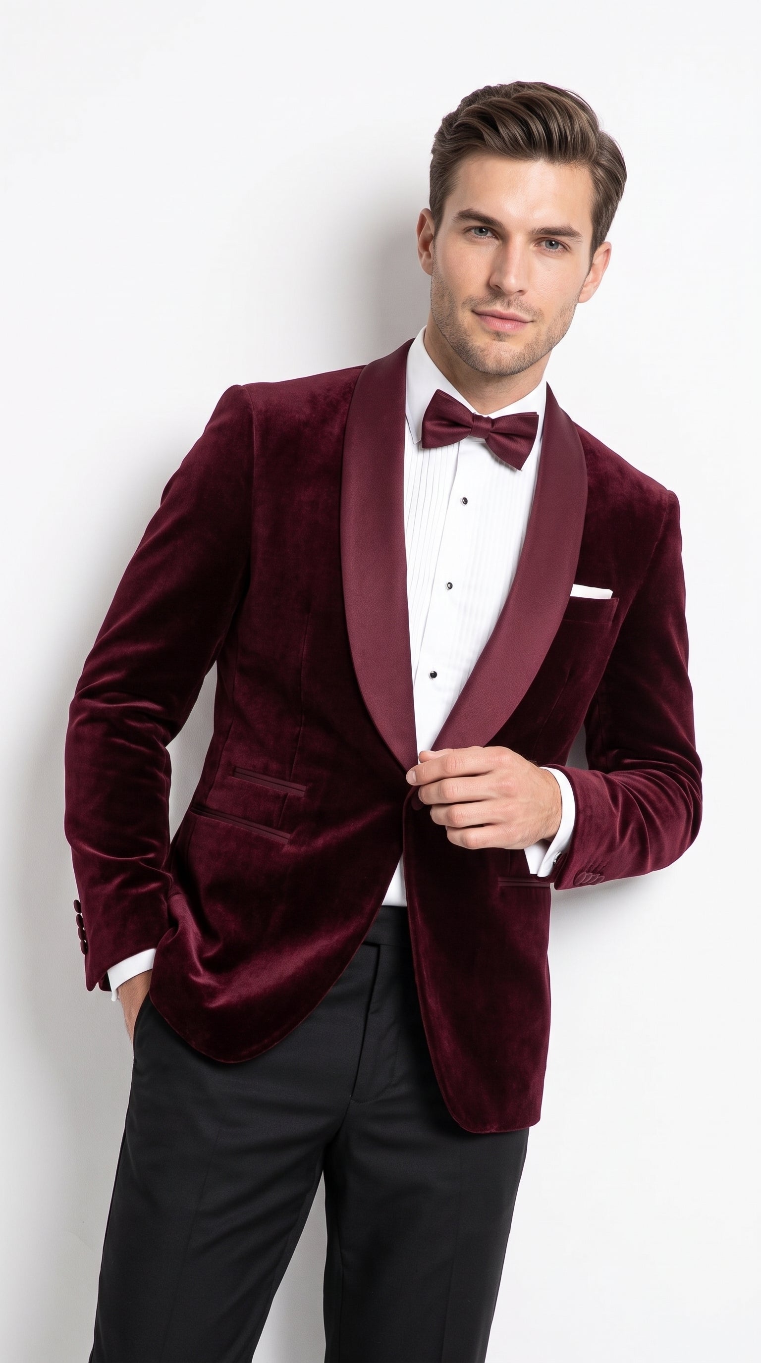 Men’s Burgundy with Burgundy Lapel Velvet Dinner Jacket – Shawl Lapel Tuxedo Blazer for Weddings & Formal Events - 36R