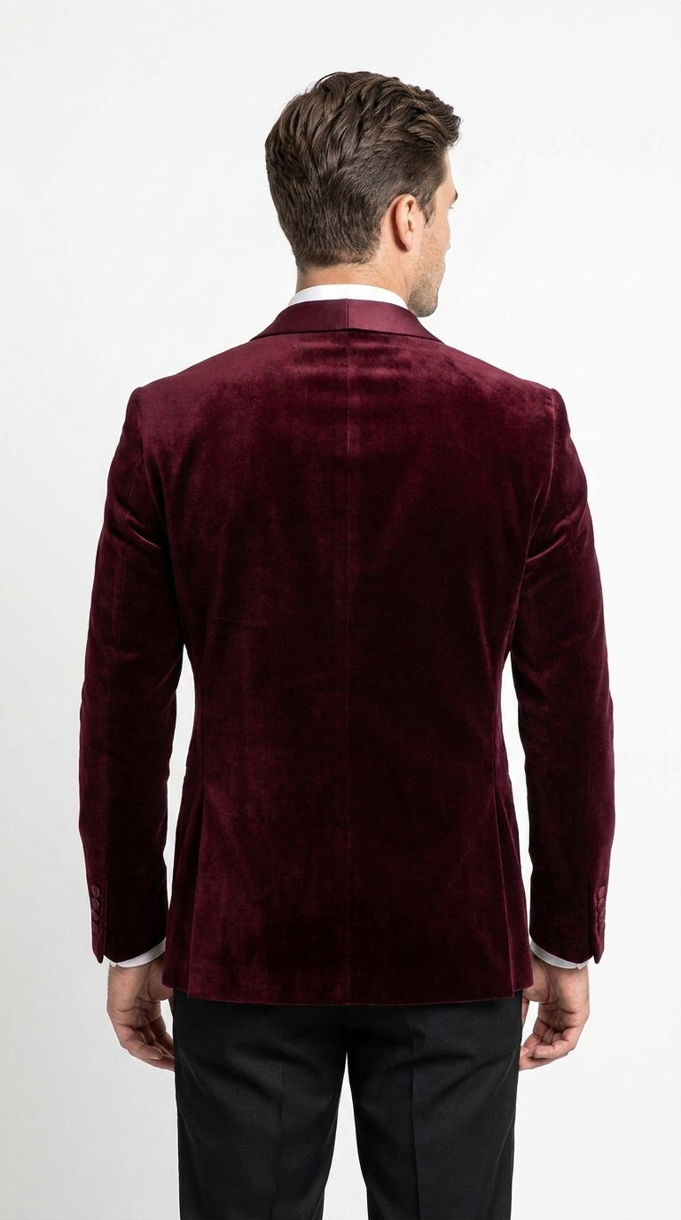 Men’s Burgundy with Burgundy Lapel Velvet Dinner Jacket – Shawl Lapel Tuxedo Blazer for Weddings & Formal Events - 36R