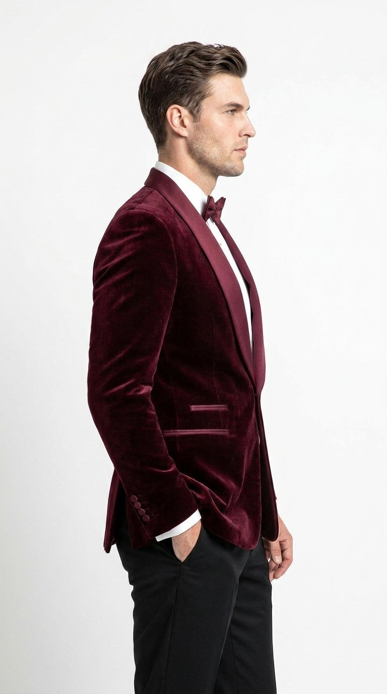 Men’s Burgundy with Burgundy Lapel Velvet Dinner Jacket – Shawl Lapel Tuxedo Blazer for Weddings & Formal Events - 36R