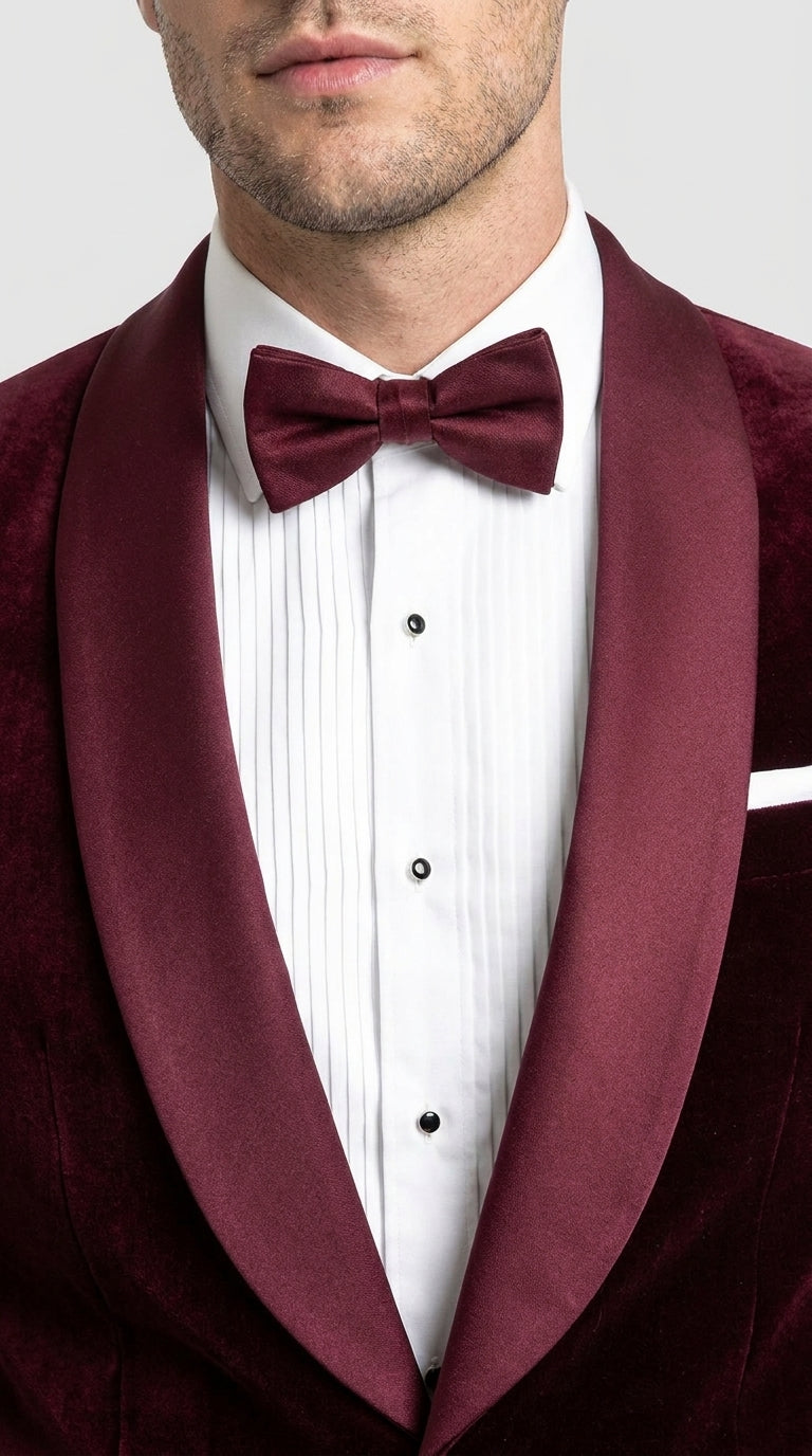 Men’s Burgundy with Burgundy Lapel Velvet Dinner Jacket – Shawl Lapel Tuxedo Blazer for Weddings & Formal Events - 36R