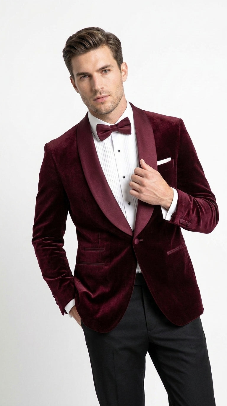 Men’s Burgundy with Burgundy Lapel Velvet Dinner Jacket – Shawl Lapel Tuxedo Blazer for Weddings & Formal Events - 36R