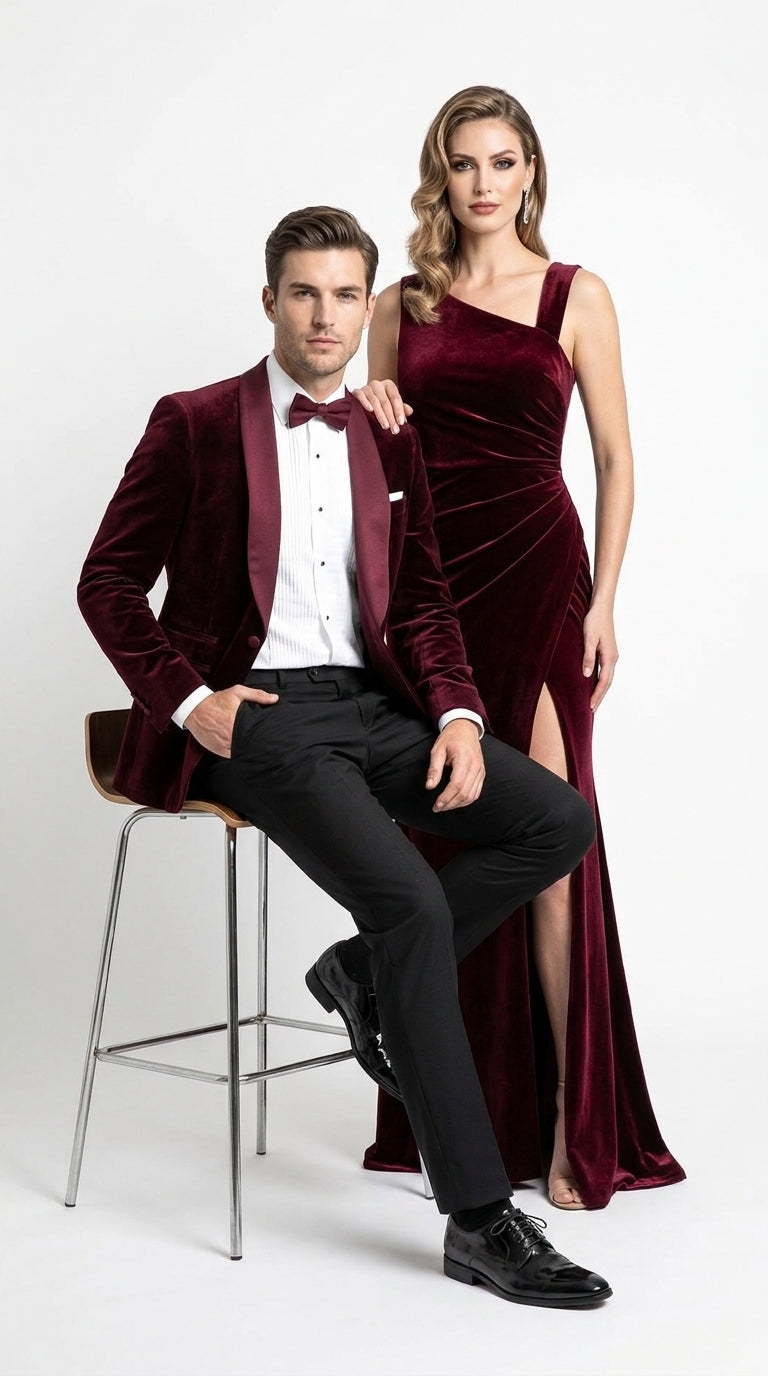 Men’s Burgundy with Burgundy Lapel Velvet Dinner Jacket – Shawl Lapel Tuxedo Blazer for Weddings & Formal Events - 36R