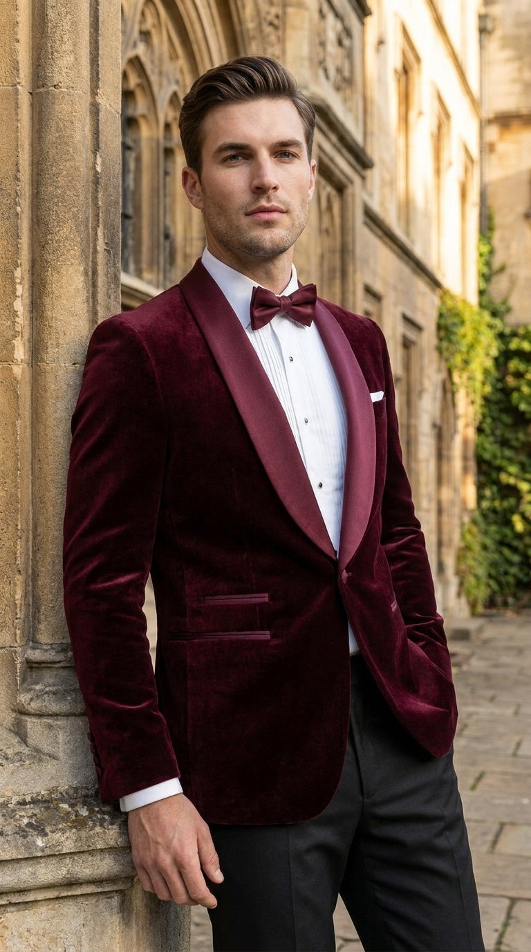 Men’s Burgundy with Burgundy Lapel Velvet Dinner Jacket – Shawl Lapel Tuxedo Blazer for Weddings & Formal Events - 36R