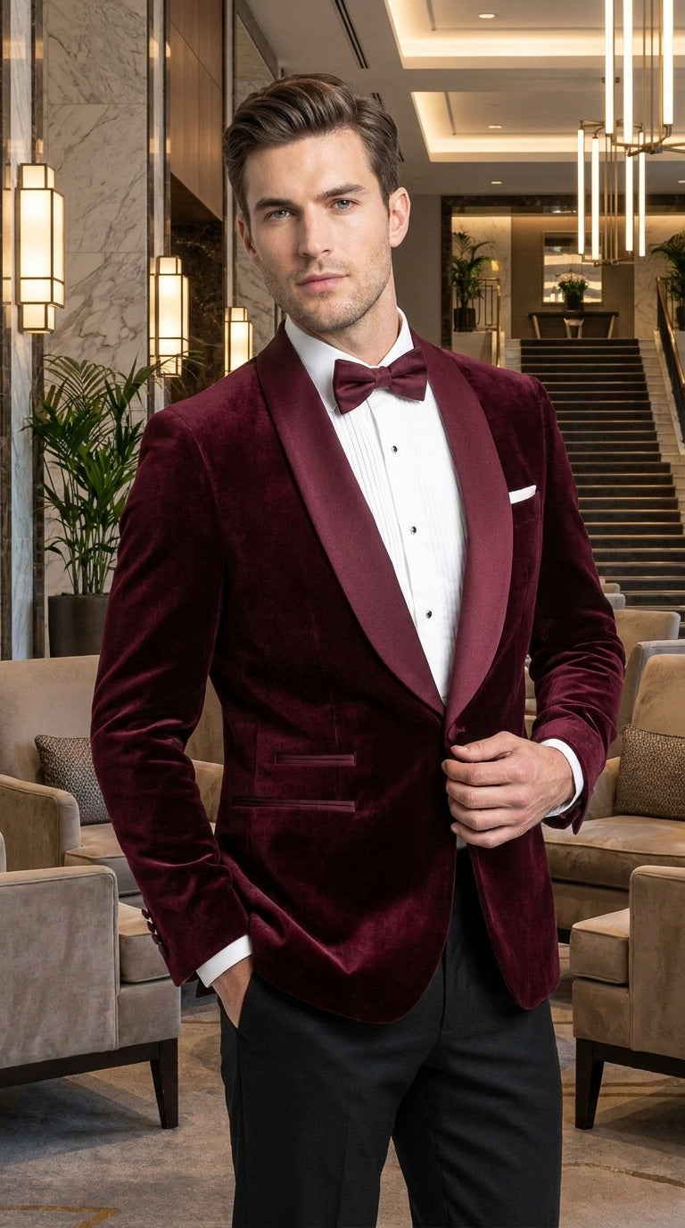 Men’s Burgundy with Burgundy Lapel Velvet Dinner Jacket – Shawl Lapel Tuxedo Blazer for Weddings & Formal Events - 36R