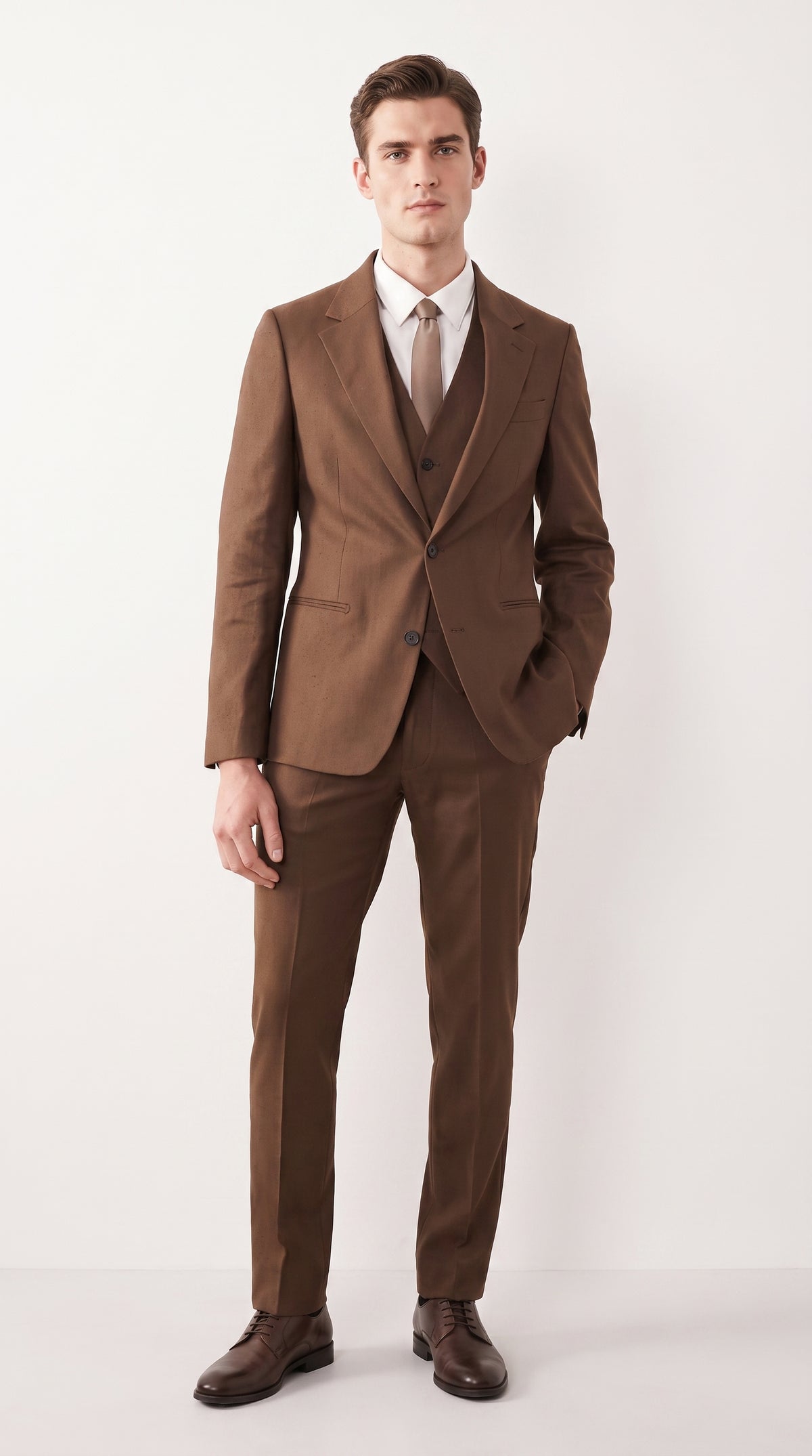 Mens Chestnut Brown 3-Piece Suit – Two-Button Wedding, Business and Formal Suit with Vest Modern Fit