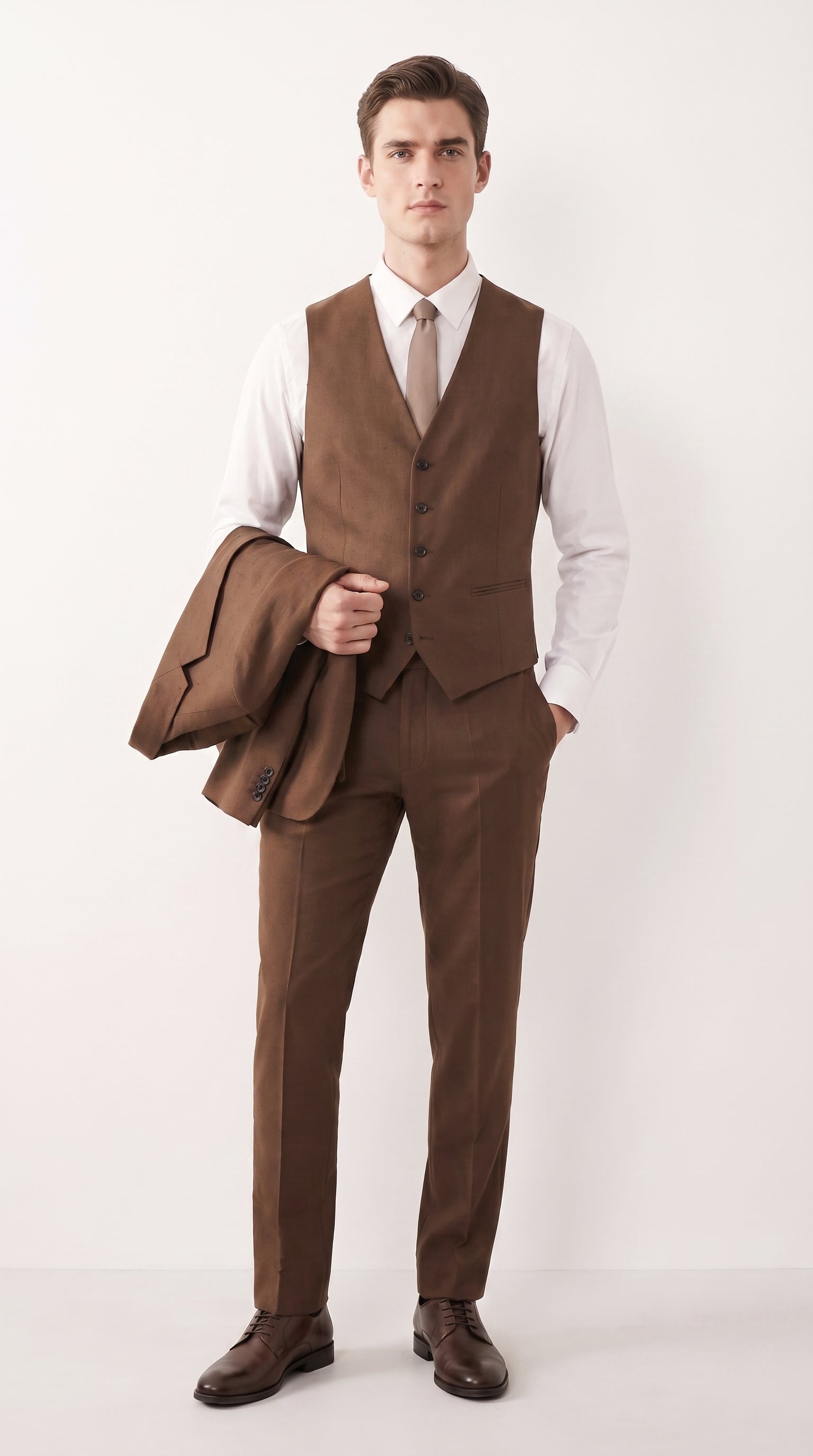 Mens Chestnut Brown 3-Piece Suit – Two-Button Wedding, Business and Formal Suit with Vest Modern Fit - 34 Short or Extra Small