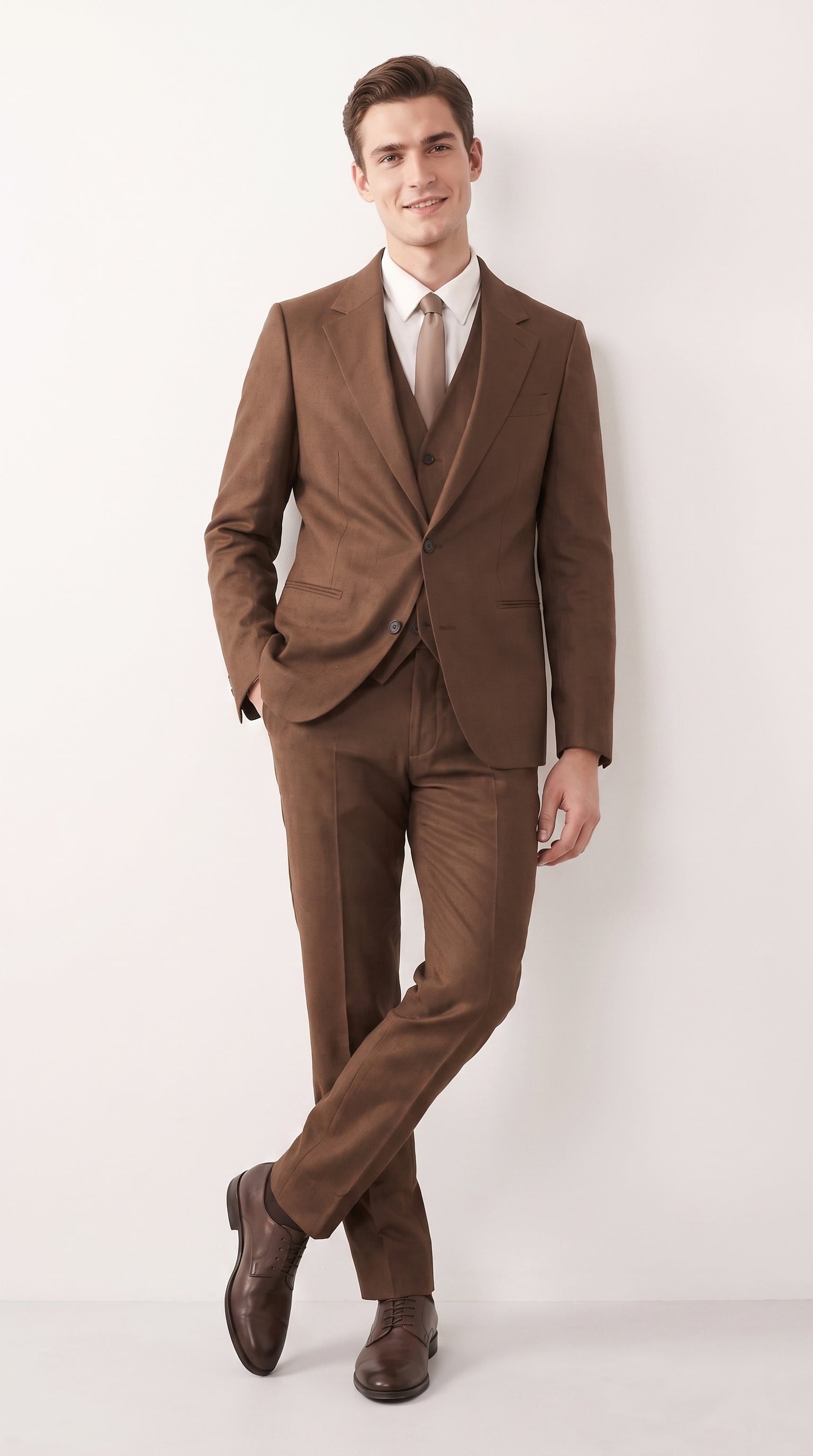 Mens Chestnut Brown 3-Piece Suit – Two-Button Wedding, Business and Formal Suit with Vest Modern Fit - 34 Short or Extra Small