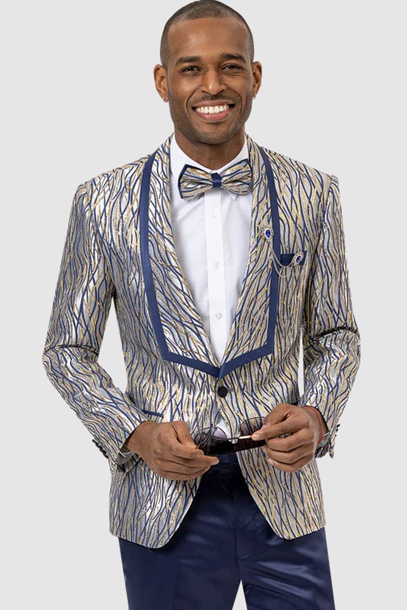 Men's EJ Samuel Blue & Gold Metallic Wave Square Shawl Tux Jacket - Bluer
