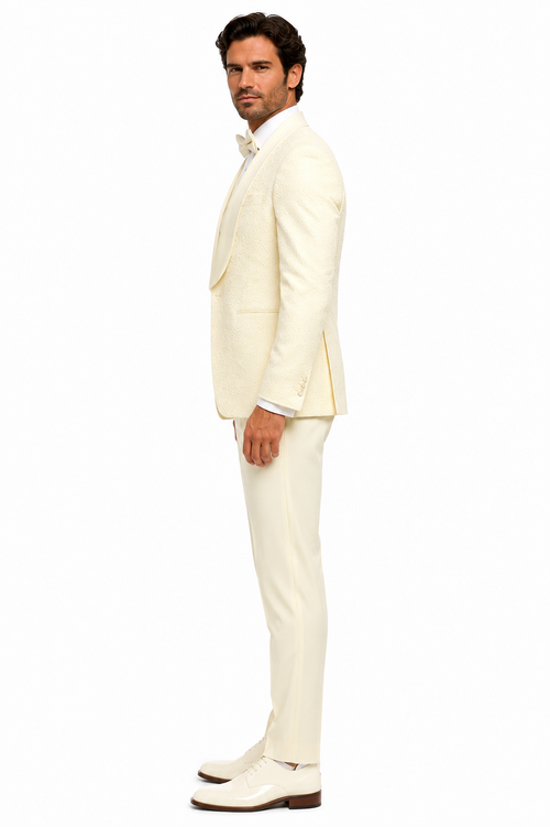 Mens Floral Lace Ivory Tuxedo with Vest Premium Wedding Formalwear