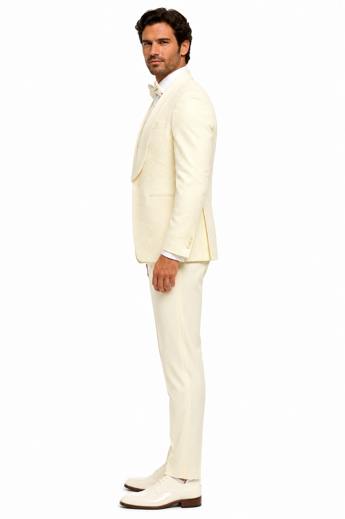 Mens Floral Lace Ivory Tuxedo with Vest Premium Wedding Formalwear