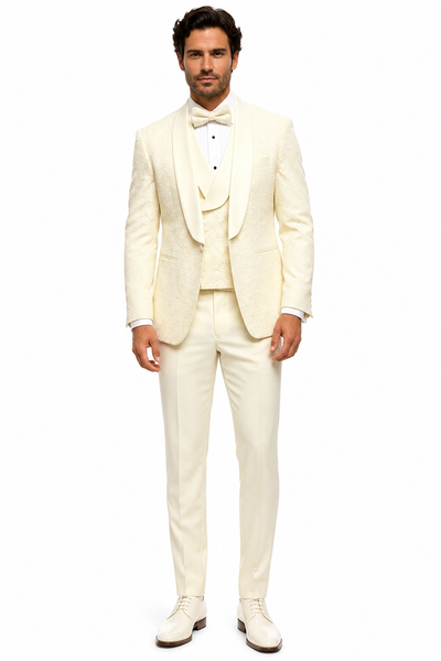 Mens Floral Lace Ivory Tuxedo with Vest Premium Wedding Formalwear