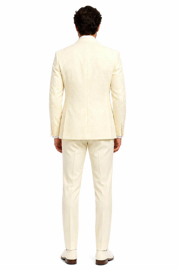 Mens Floral Lace Ivory Tuxedo with Vest Premium Wedding Formalwear