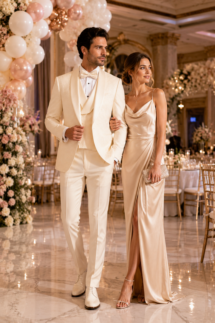 Mens Floral Lace Ivory Tuxedo with Vest Premium Wedding Formalwear
