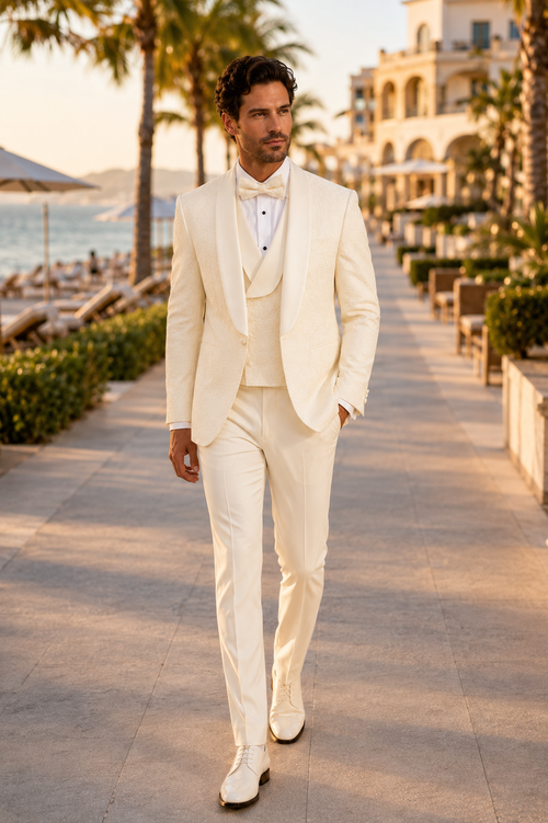 Mens Floral Lace Ivory Tuxedo with Vest Premium Wedding Formalwear