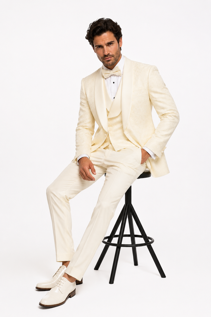 Mens Floral Lace Ivory Tuxedo with Vest Premium Wedding Formalwear