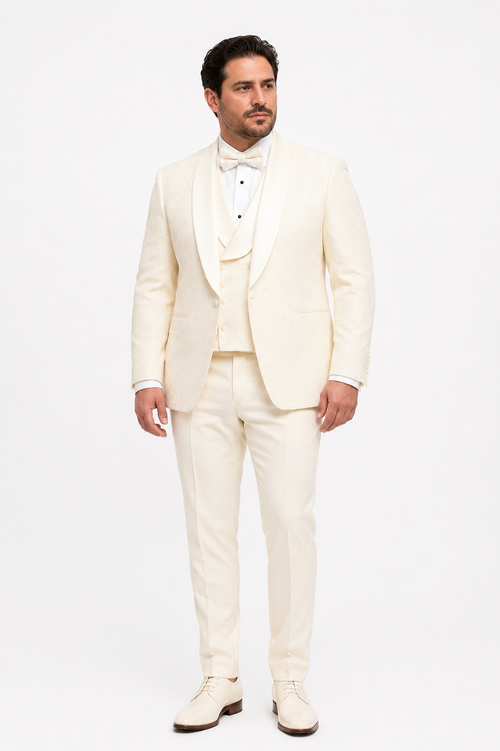 Mens Floral Lace Ivory Tuxedo with Vest Premium Wedding Formalwear