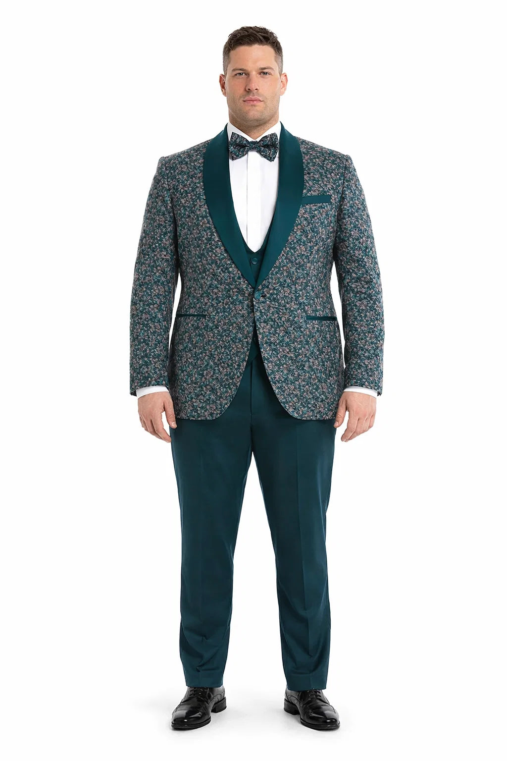 Men’s Green Splatter Print Prom Tuxedo – One Button Vintage Style with Shawl Lapel & Vest - 38 Short Jacket+32 Waist Adjustable 28to34)(Height: 5 4 to5 7 )(Neck  15-16.5)S-M)