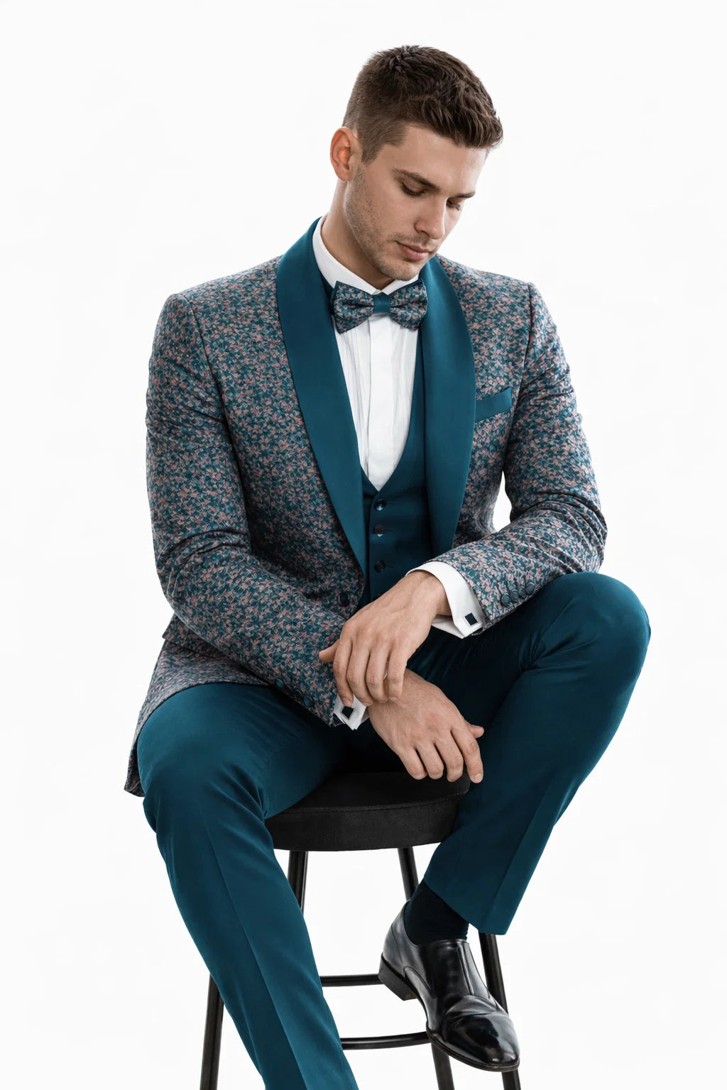 Men’s Green Splatter Print Prom Tuxedo – One Button Vintage Style with Shawl Lapel & Vest - 38 Short Jacket+32 Waist Adjustable 28to34)(Height: 5 4 to5 7 )(Neck  15-16.5)S-M)