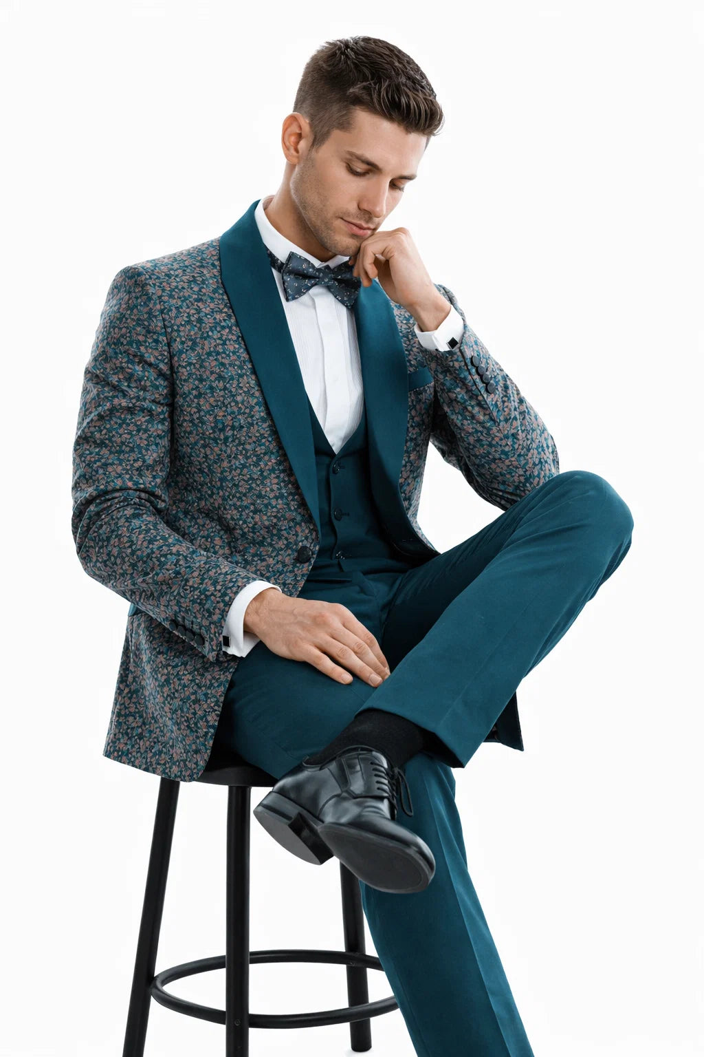 Men’s Green Splatter Print Prom Tuxedo – One Button Vintage Style with Shawl Lapel & Vest - 38 Short Jacket+32 Waist Adjustable 28to34)(Height: 5 4 to5 7 )(Neck  15-16.5)S-M)