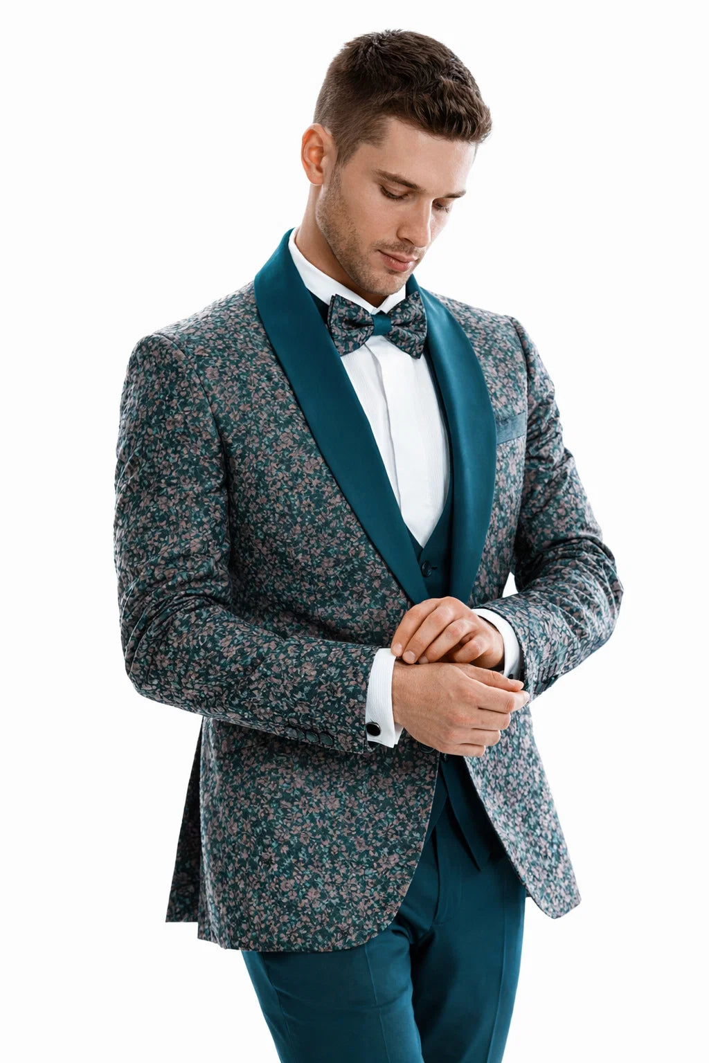 Men’s Green Splatter Print Prom Tuxedo – One Button Vintage Style with Shawl Lapel & Vest - 38 Short Jacket+32 Waist Adjustable 28to34)(Height: 5 4 to5 7 )(Neck  15-16.5)S-M)