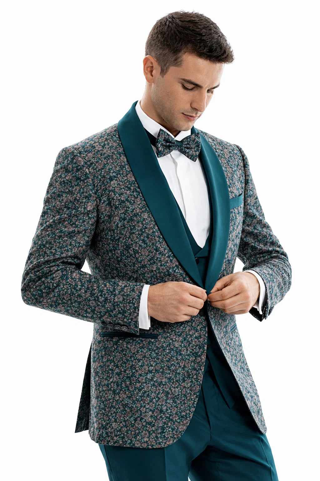 Men’s Green Splatter Print Prom Tuxedo – One Button Vintage Style with Shawl Lapel & Vest - 38 Short Jacket+32 Waist Adjustable 28to34)(Height: 5 4 to5 7 )(Neck  15-16.5)S-M)