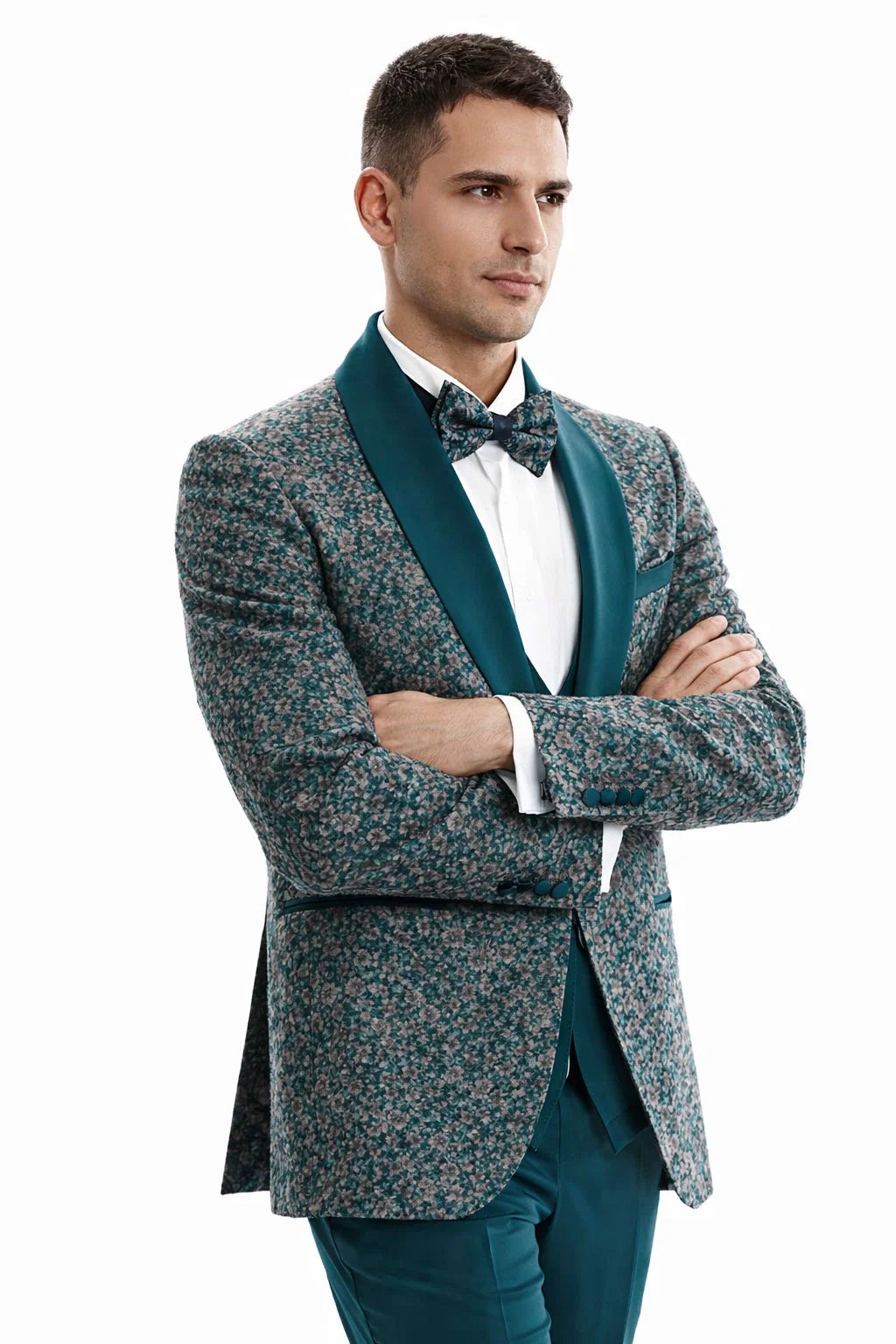 Men’s Green Splatter Print Prom Tuxedo – One Button Vintage Style with Shawl Lapel & Vest - 38 Short Jacket+32 Waist Adjustable 28to34)(Height: 5 4 to5 7 )(Neck  15-16.5)S-M)