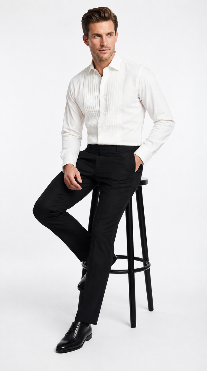 Mens Ivory Cream Off White  Pleated Tuxedo Dress Shirt | French Cuff Formal Wedding Shirt