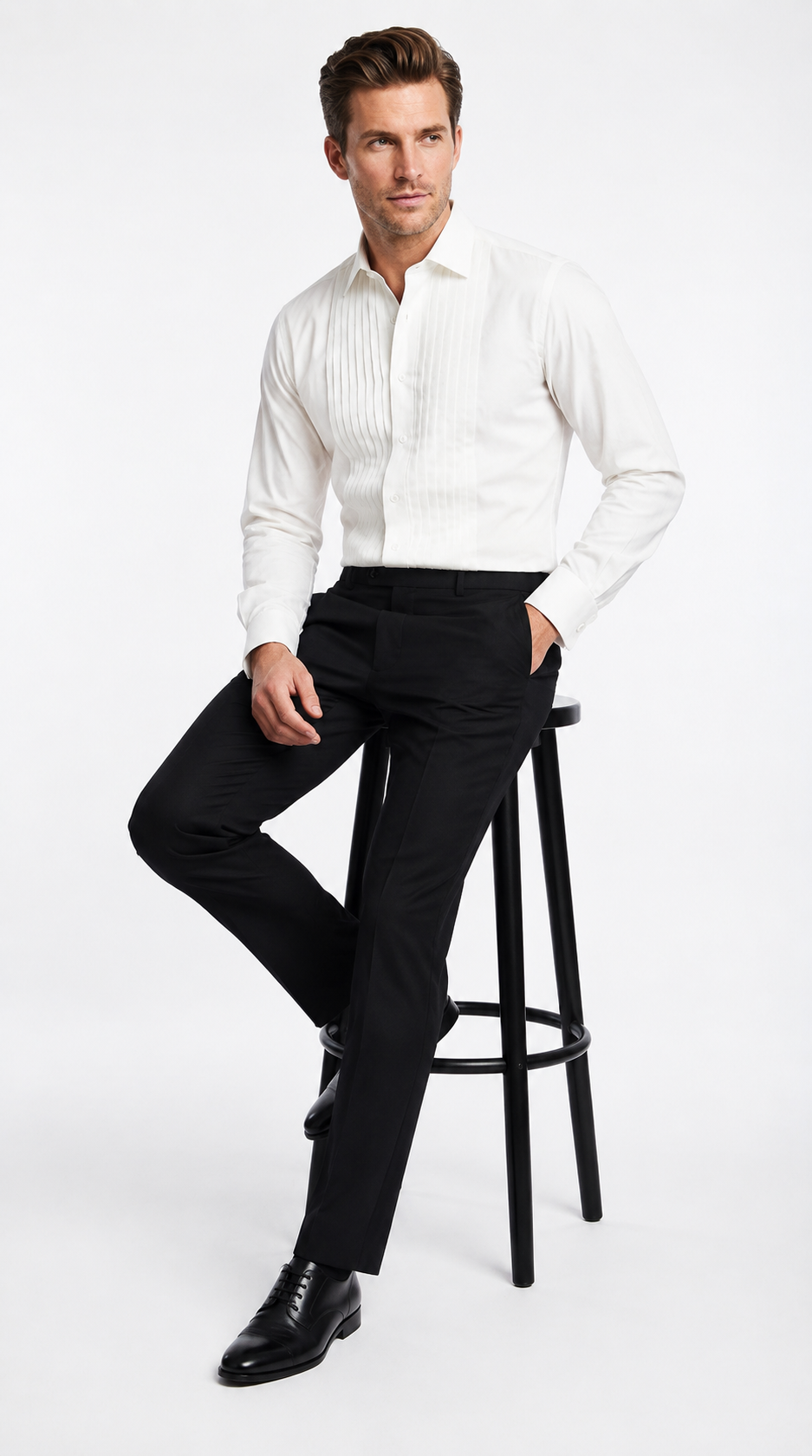 Mens Ivory Cream Off White  Pleated Tuxedo Dress Shirt | French Cuff Formal Wedding Shirt