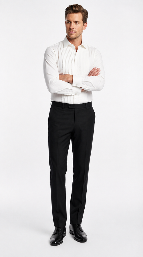 Mens Ivory Cream Off White Pleated Tuxedo Dress Shirt