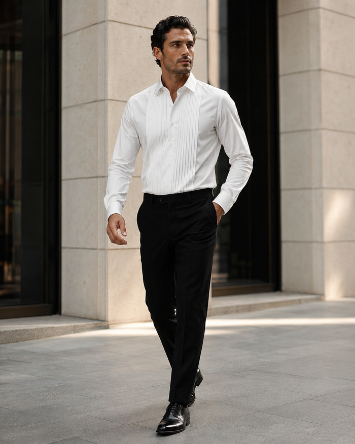 Mens Ivory Cream Off White  Pleated Tuxedo Dress Shirt | French Cuff Formal Wedding Shirt