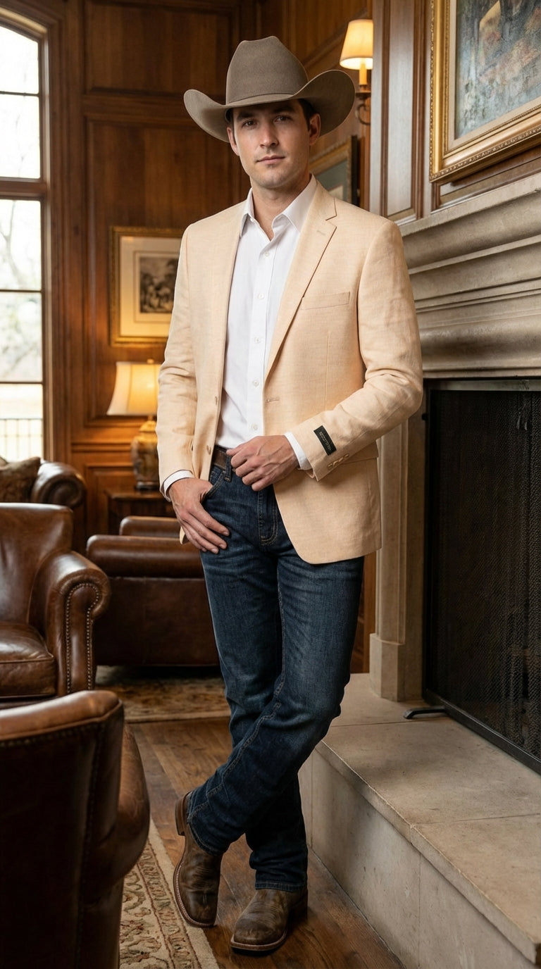 Mens Light Tan Peachish Champaign Cowboy Blazer Western Style Sport Coat Jacket for Country Wedding, Rodeo - 38 Short Jacket+32 Waist Adjustable 28to34)(Height: 5 4 to5 7 )(Neck  15-16.5)S-M)