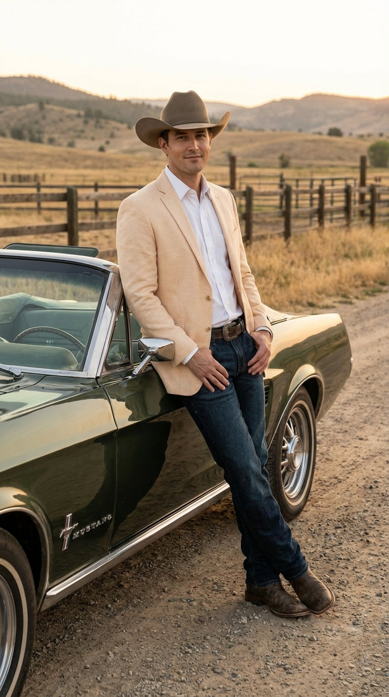 Mens Light Tan Peachish Champaign Cowboy Blazer Western Style Sport Coat Jacket for Country Wedding, Rodeo - 38 Short Jacket+32 Waist Adjustable 28to34)(Height: 5 4 to5 7 )(Neck  15-16.5)S-M)