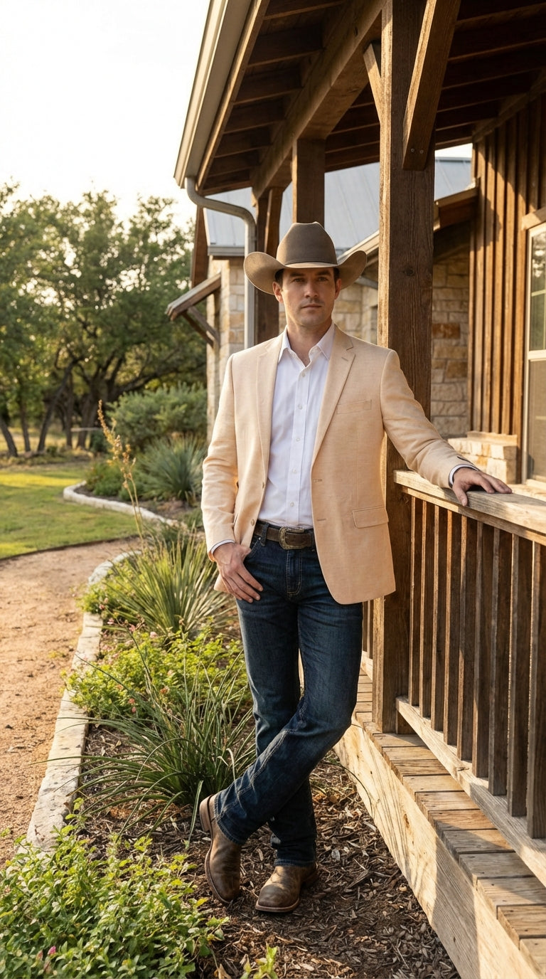 Mens Light Tan Peachish Champaign Cowboy Blazer Western Style Sport Coat Jacket for Country Wedding, Rodeo - 38 Short Jacket+32 Waist Adjustable 28to34)(Height: 5 4 to5 7 )(Neck  15-16.5)S-M)