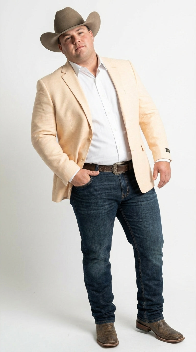 Mens Light Tan Peachish Champaign Cowboy Blazer Western Style Sport Coat Jacket for Country Wedding, Rodeo - 38 Short Jacket+32 Waist Adjustable 28to34)(Height: 5 4 to5 7 )(Neck  15-16.5)S-M)