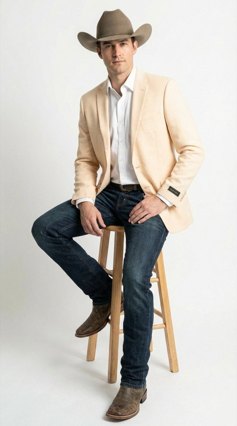 Mens Light Tan Peachish Champaign Cowboy Blazer Western Style Sport Coat Jacket for Country Wedding, Rodeo - 38 Short Jacket+32 Waist Adjustable 28to34)(Height: 5 4 to5 7 )(Neck  15-16.5)S-M)