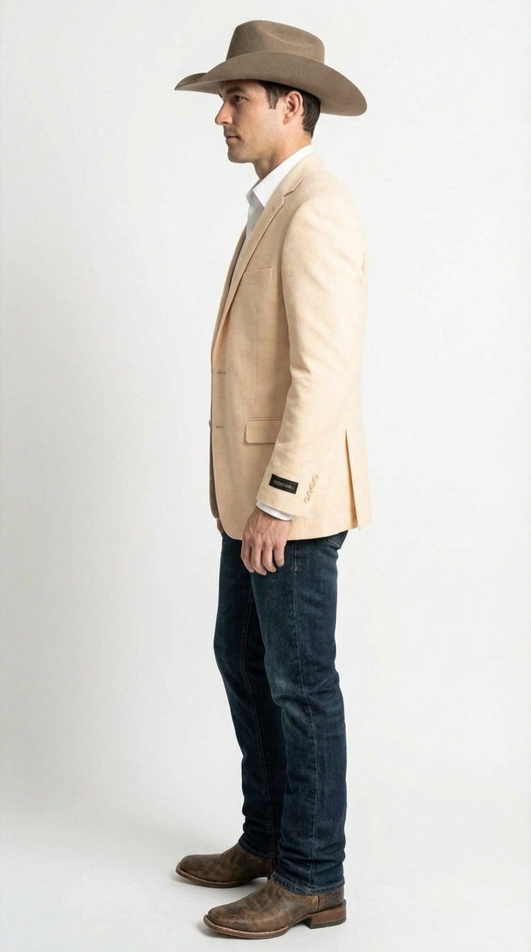 Mens Light Tan Peachish Champaign Cowboy Blazer Western Style Sport Coat Jacket for Country Wedding, Rodeo - 38 Short Jacket+32 Waist Adjustable 28to34)(Height: 5 4 to5 7 )(Neck  15-16.5)S-M)