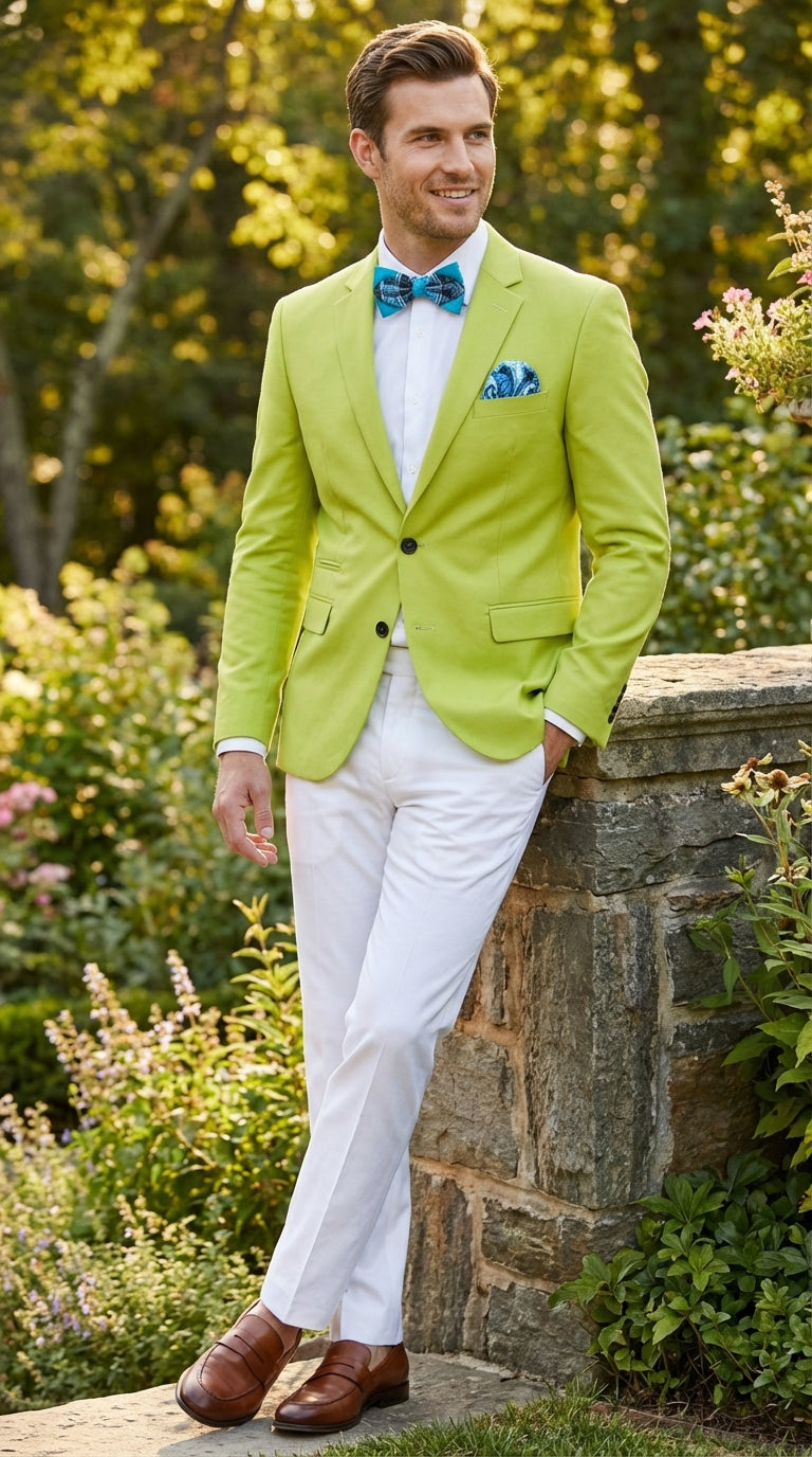 Men’s Lime Green Blazer – Bright Formal Sport Coat for Prom, Wedding and Statement Party Wear in Neon Light Green - 38 Short Jacket+32 Waist Adjustable 28to34)(Height: 5 4 to5 7 )(Neck  15-16.5)S-M)