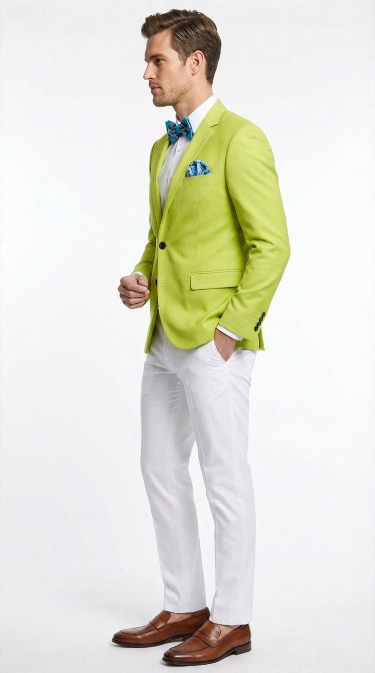 Men’s Lime Green Blazer – Bright Formal Sport Coat for Prom, Wedding and Statement Party Wear in Neon Light Green - 38 Short Jacket+32 Waist Adjustable 28to34)(Height: 5 4 to5 7 )(Neck  15-16.5)S-M)