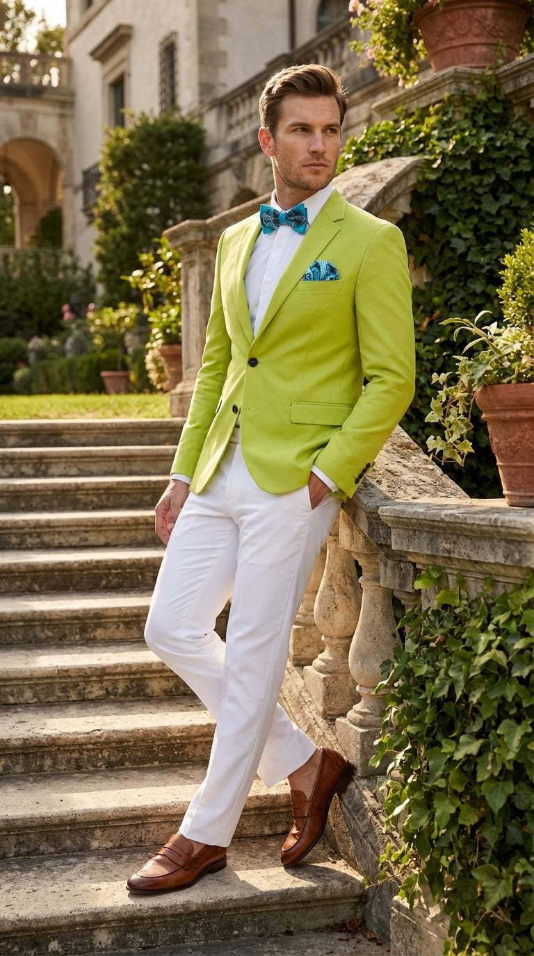 Men’s Lime Green Blazer – Bright Formal Sport Coat for Prom, Wedding and Statement Party Wear in Neon Light Green - 38 Short Jacket+32 Waist Adjustable 28to34)(Height: 5 4 to5 7 )(Neck  15-16.5)S-M)