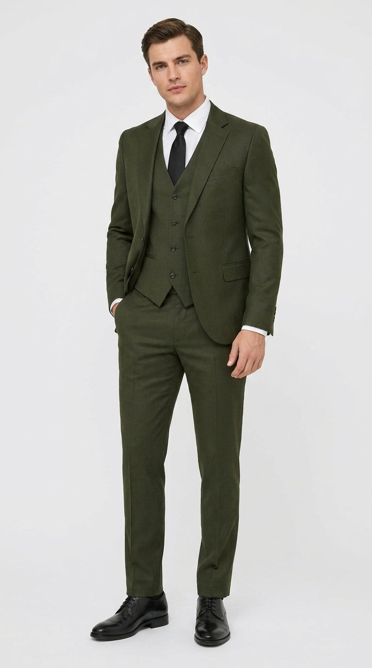 Mens Military Green 3-Piece Suit – Slim Fit Wedding, Business & Formal Suit with Vested Set - 34 Short or Extra Small