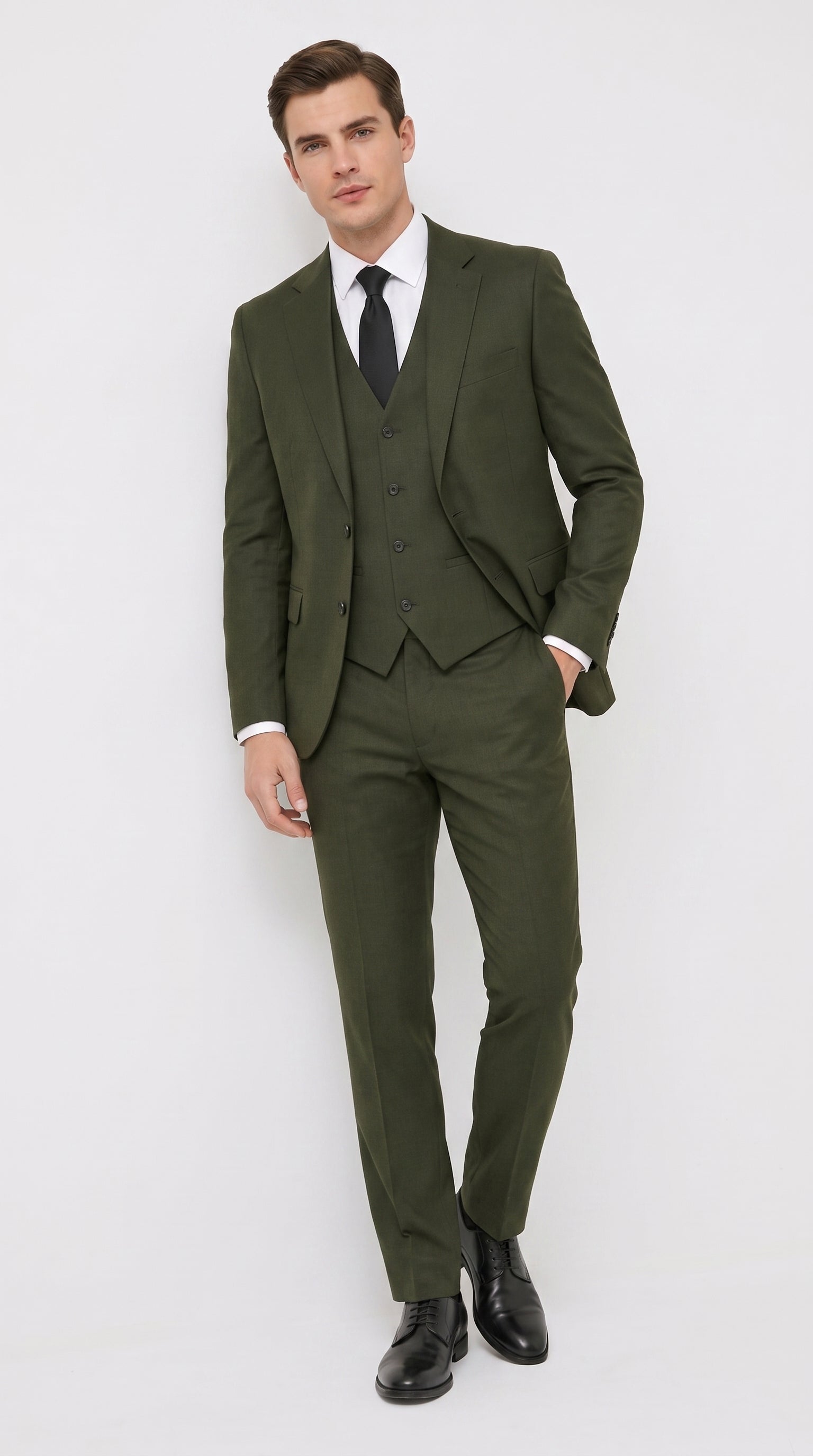 Mens Military Green 3-Piece Suit – Slim Fit Wedding, Business & Formal Suit with Vested Set - 34 Short or Extra Small
