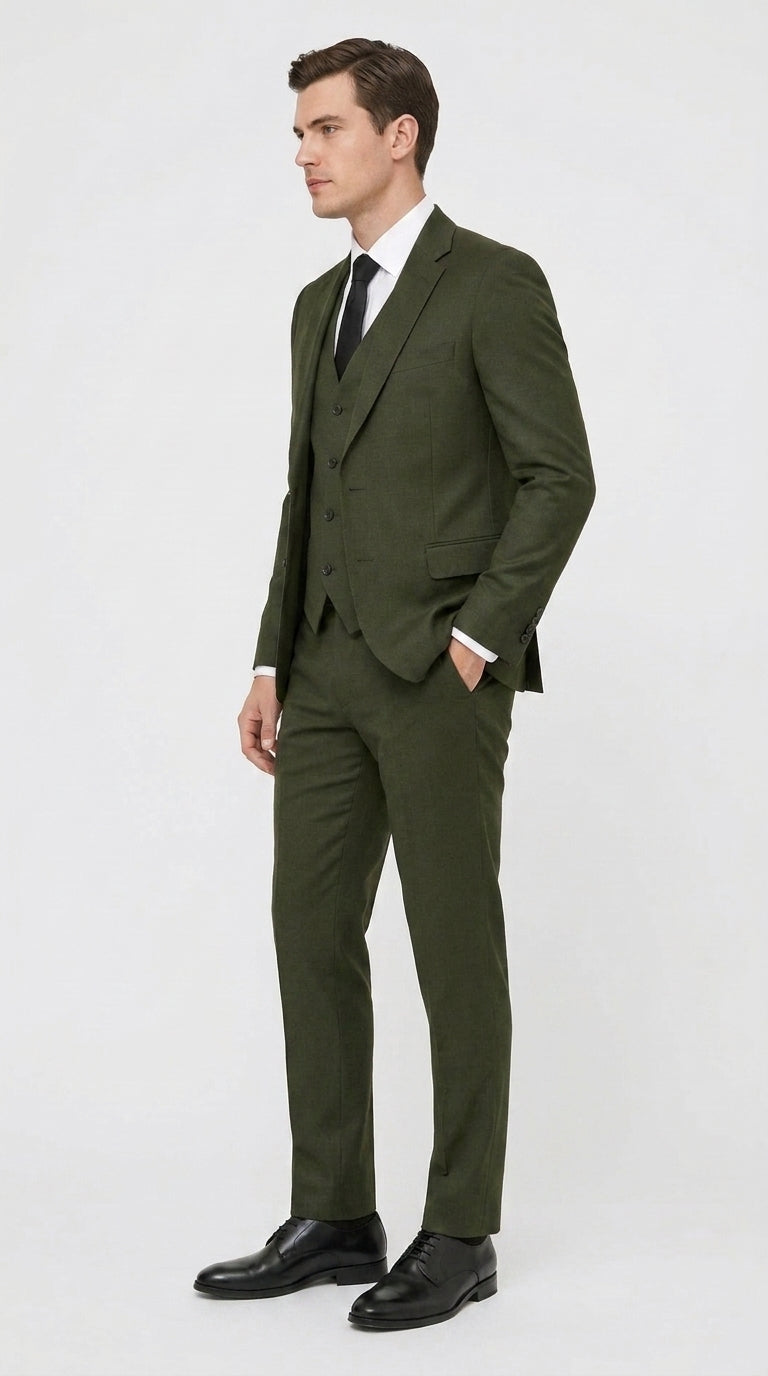 Mens Military Green 3-Piece Suit – Slim Fit Wedding, Business & Formal Suit with Vested Set - 34 Short or Extra Small