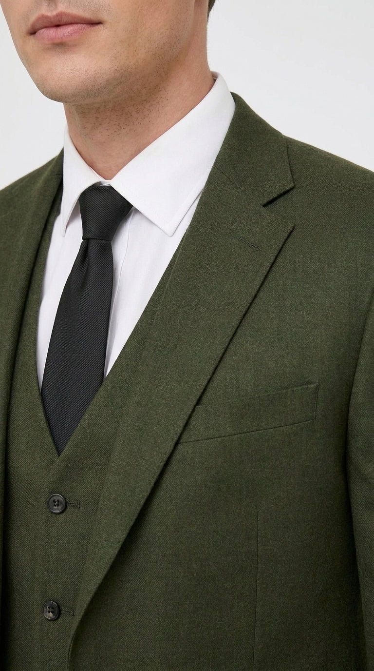 Mens Military Green 3-Piece Suit – Slim Fit Wedding, Business & Formal Suit with Vested Set - 34 Short or Extra Small