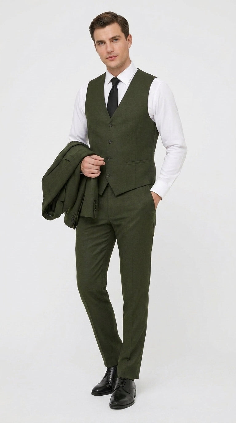Mens Military Green 3-Piece Suit – Slim Fit Wedding, Business & Formal Suit with Vested Set - 34 Short or Extra Small